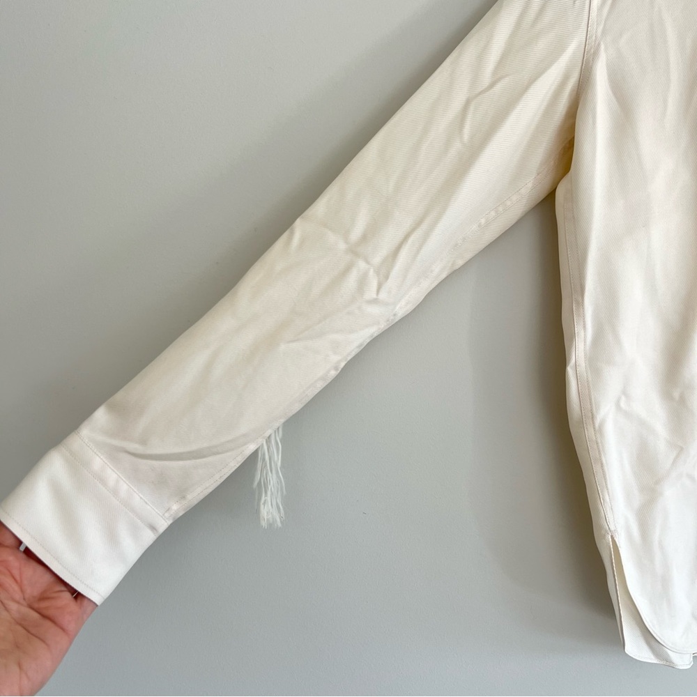 HELMUT LANG Twill Silk Feather Trim Ecru / White Fringe Long Sleeve Blouse Sz XS - Picture 6 of 16